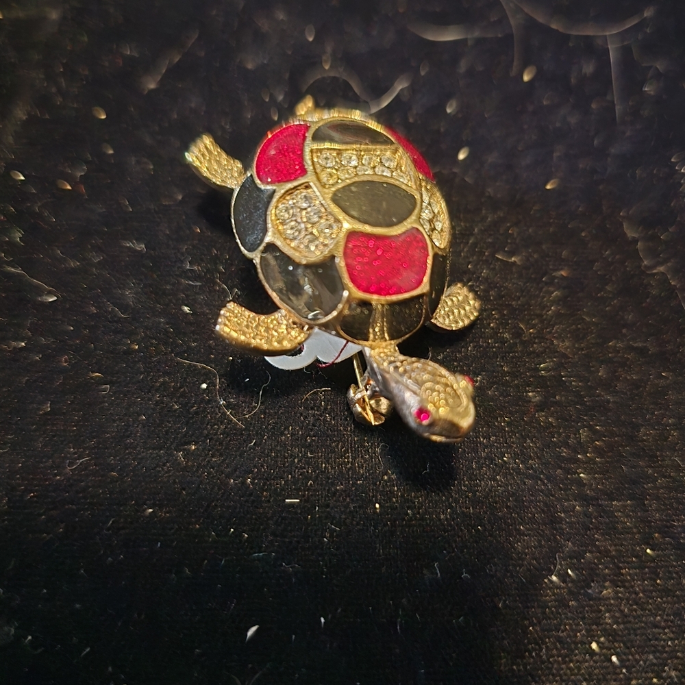 Gold-Tone Turtle Brooch with Red Enamel and Clear Rhinestones - Picture 2 of 5